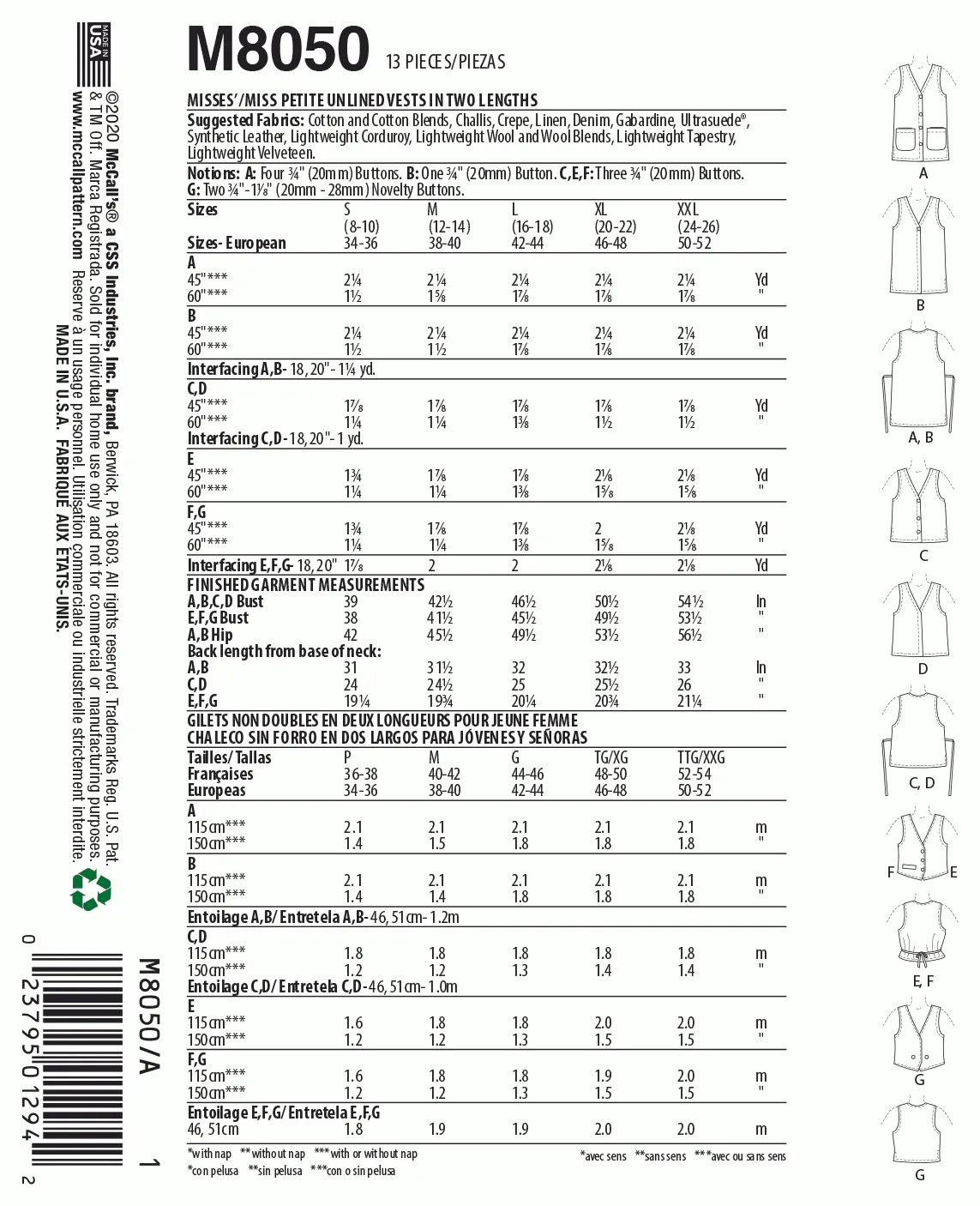 McCall's Pattern M8050 Misses' Unlined Vests In Two Lengths