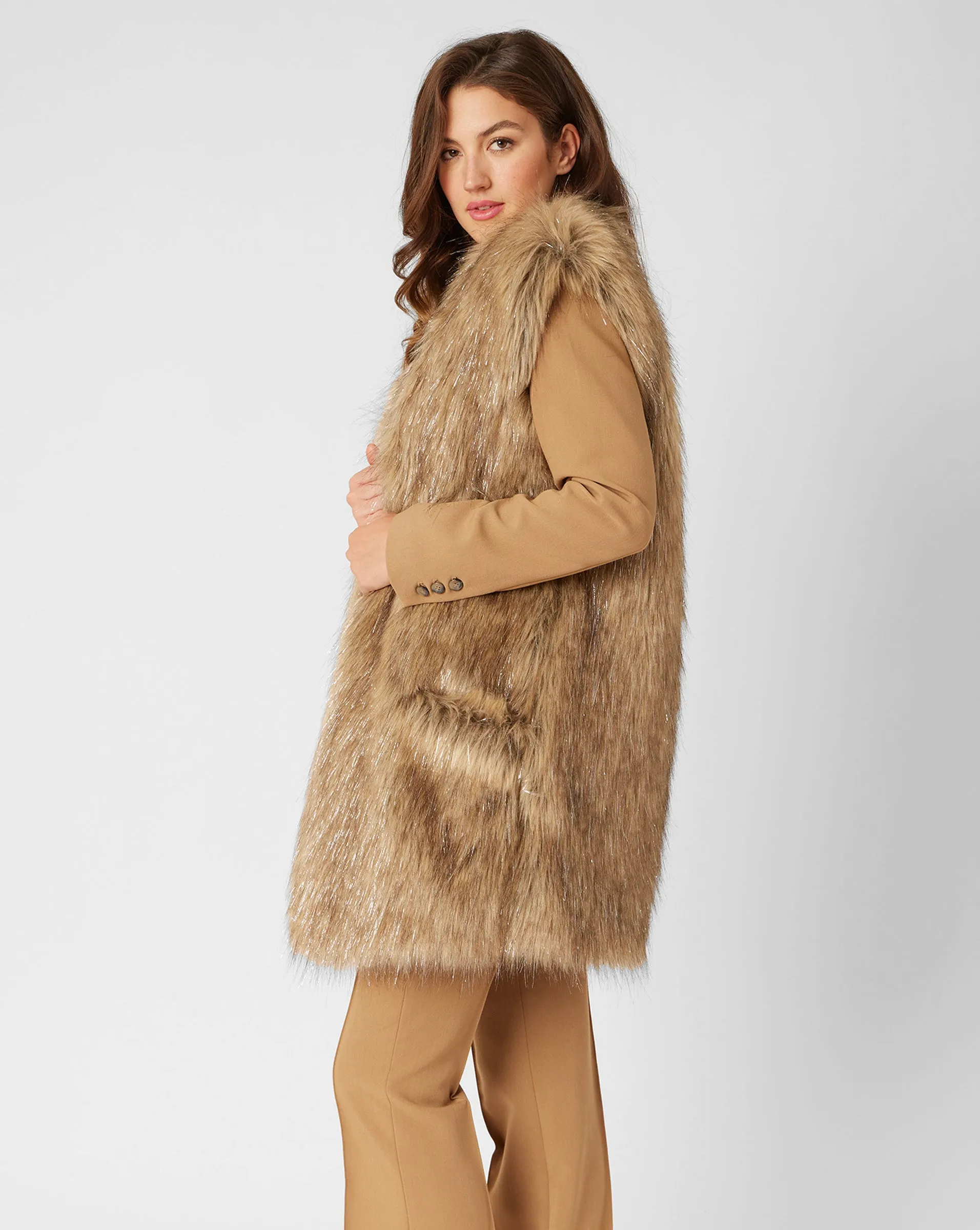 Metallic Thread Longline Faux Fur Vest