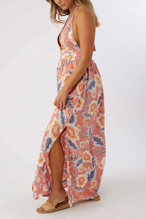 Multi Floral Print Halter Maxi Dress