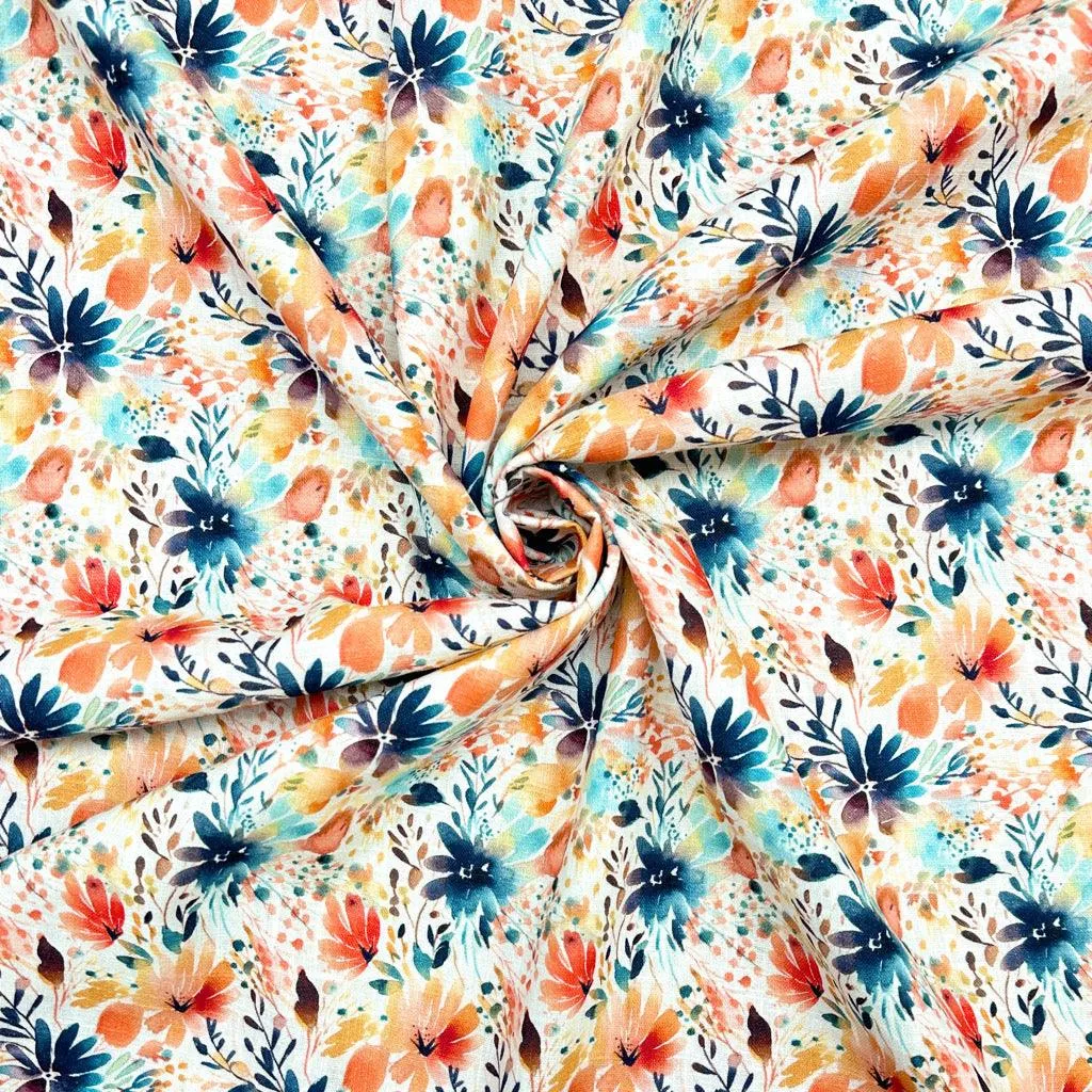 Orange and Midnight Floral Linen Blend Fabric