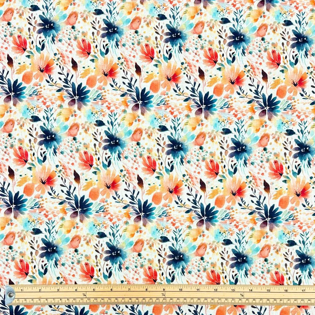 Orange and Midnight Floral Linen Blend Fabric