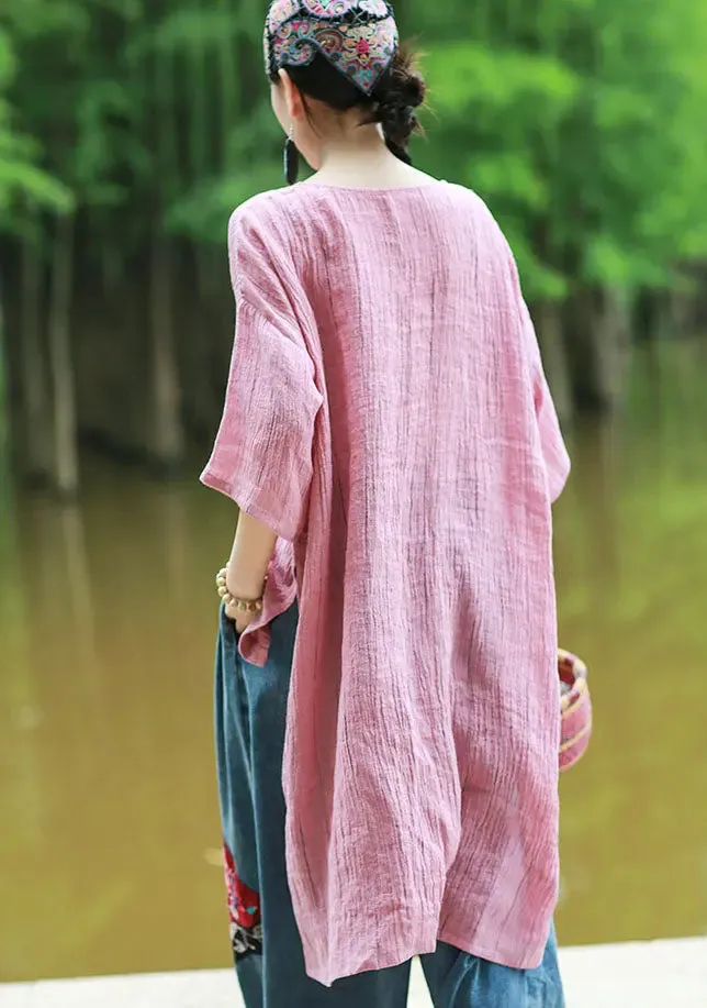 Pink Women's Tops Linen Embroidered Blouse with Totem Pattern