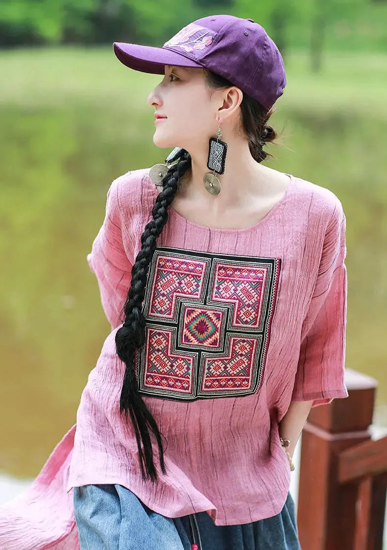 Pink Women's Tops Linen Embroidered Blouse with Totem Pattern