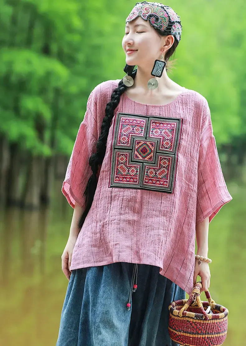 Pink Women's Tops Linen Embroidered Blouse with Totem Pattern