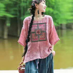 Pink Women's Tops Linen Embroidered Blouse with Totem Pattern