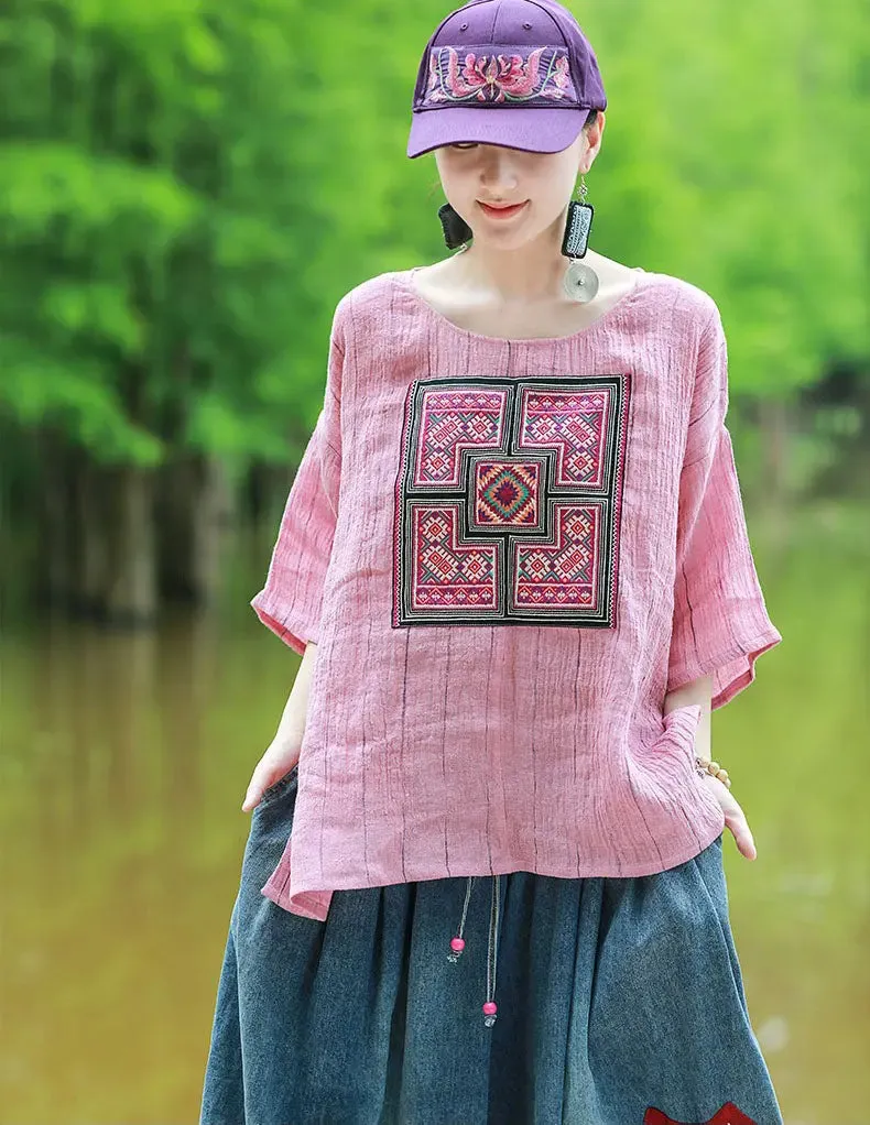 Pink Women's Tops Linen Embroidered Blouse with Totem Pattern