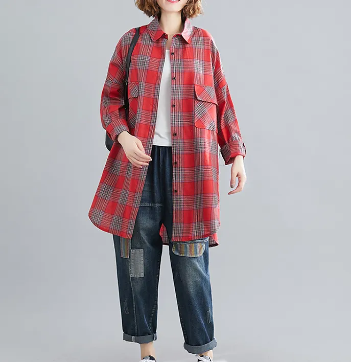 Plaid Loose Women Casual Linen Shirts Summer Women Tops