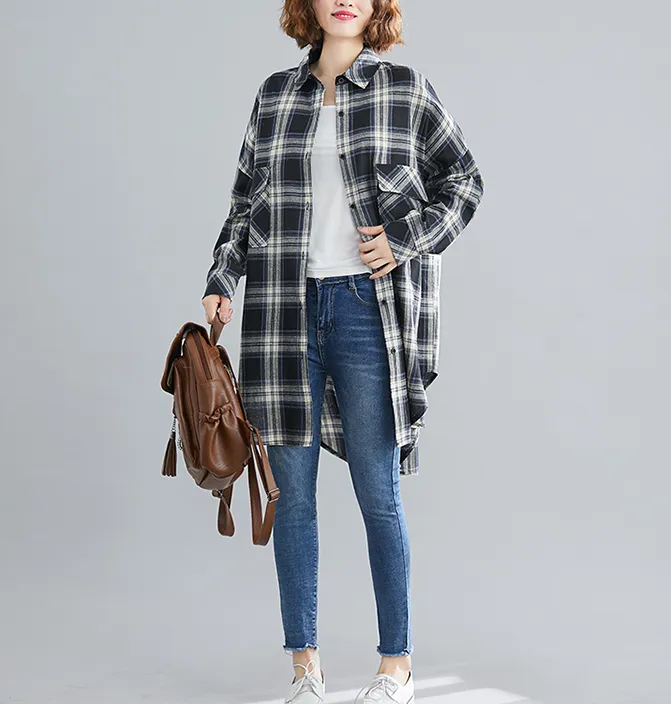 Plaid Loose Women Casual Linen Shirts Summer Women Tops