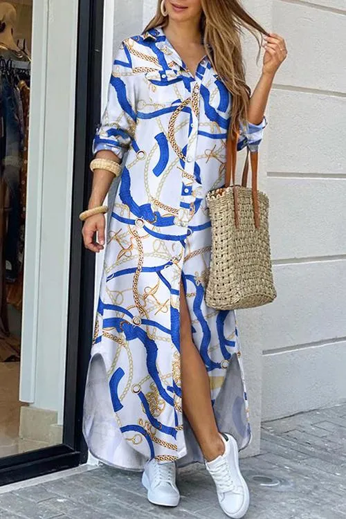 Print Button Long Sleeve Shirt Dress