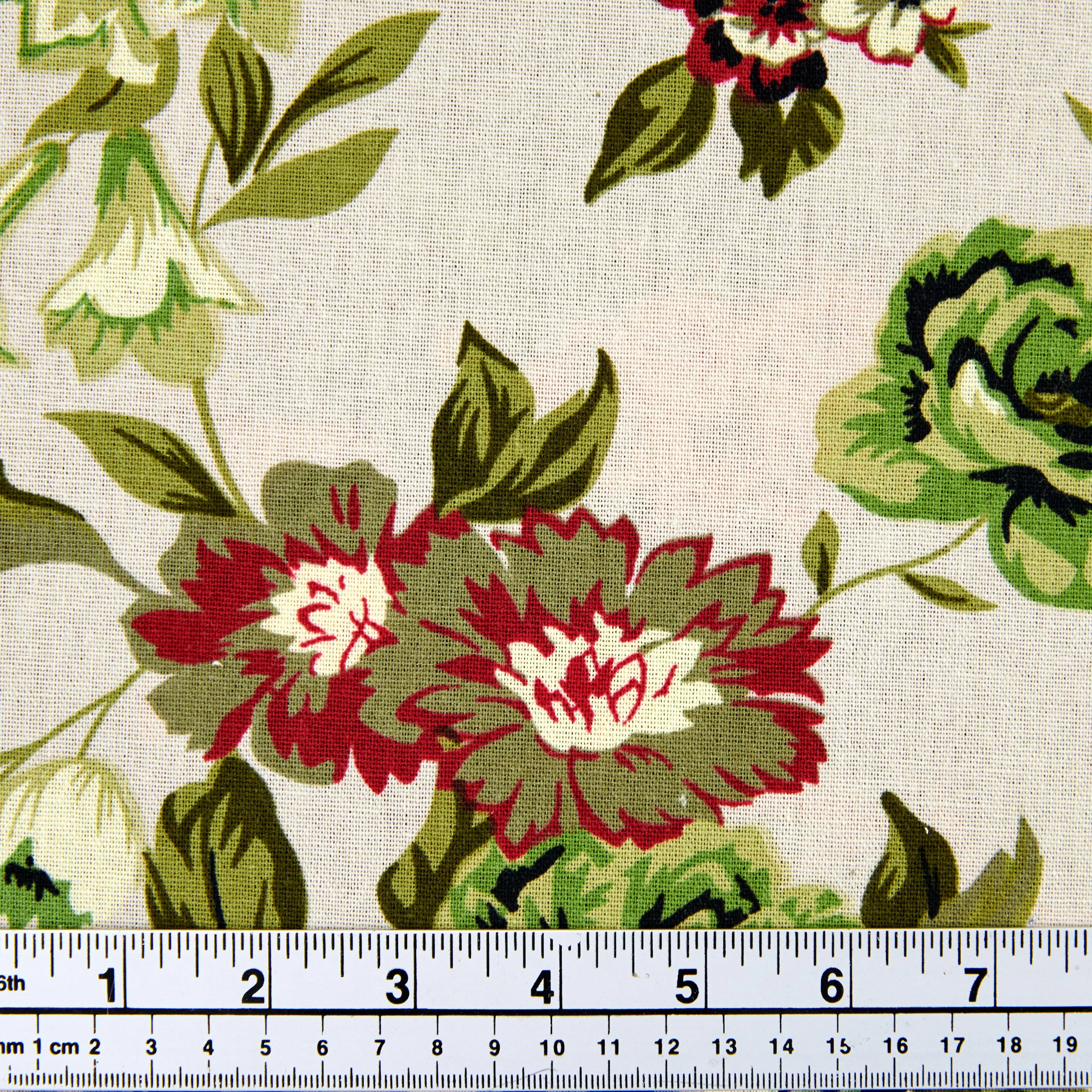 Printed Rayon/Linen Fabric, White Green Floral -Width 143cm