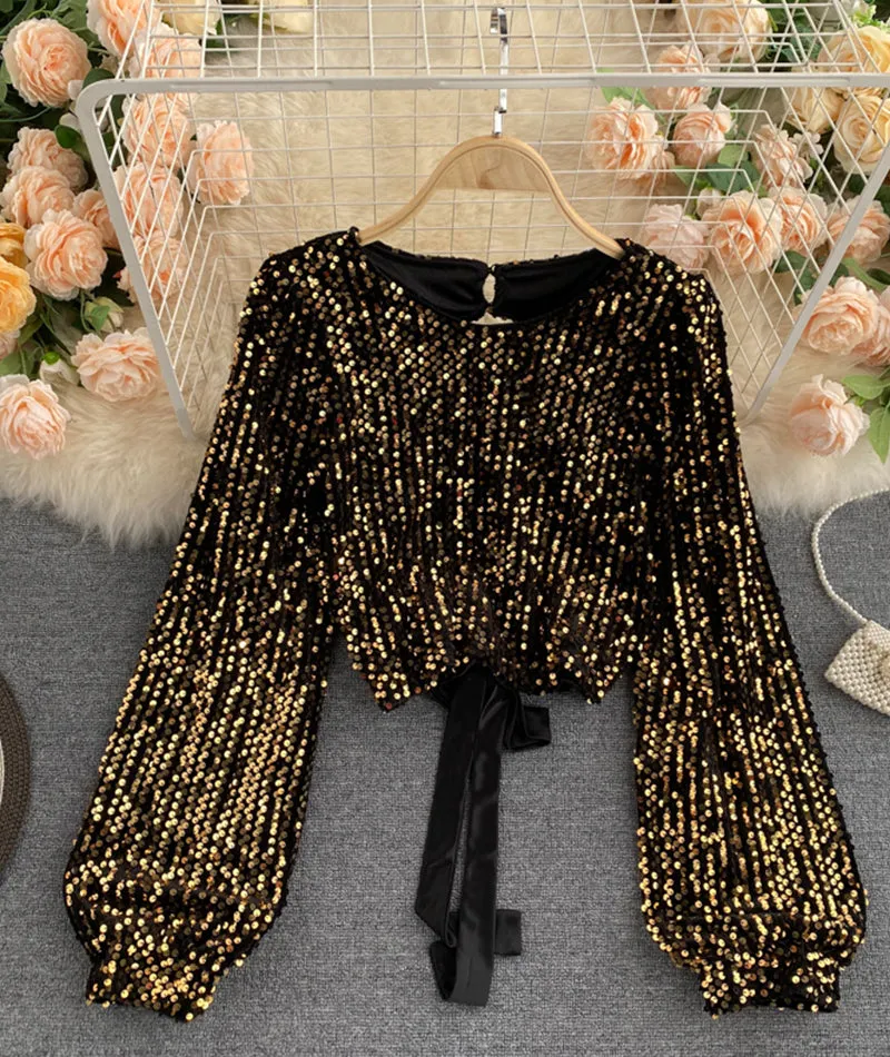 Shiny Long Sleeve Sequins Tops Open Back Tops      S4392