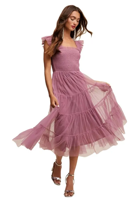 Smocked Ruffle Tiered Mesh Midi Maxi Dress