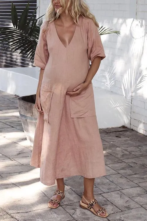 Solid V Neck Pockets Linen Maxi Dress