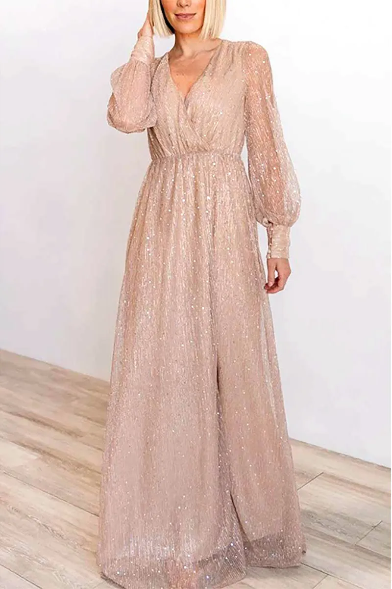 Sparkle Puff Long Sleeve Slit Maxi Dress