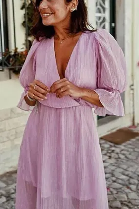 V Neck Puff Sleeve Maxi Dress