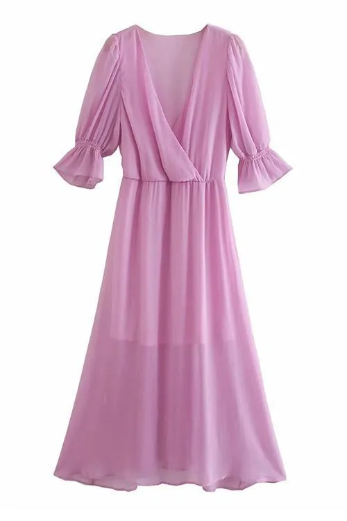 V Neck Puff Sleeve Maxi Dress