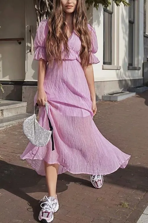 V Neck Puff Sleeve Maxi Dress