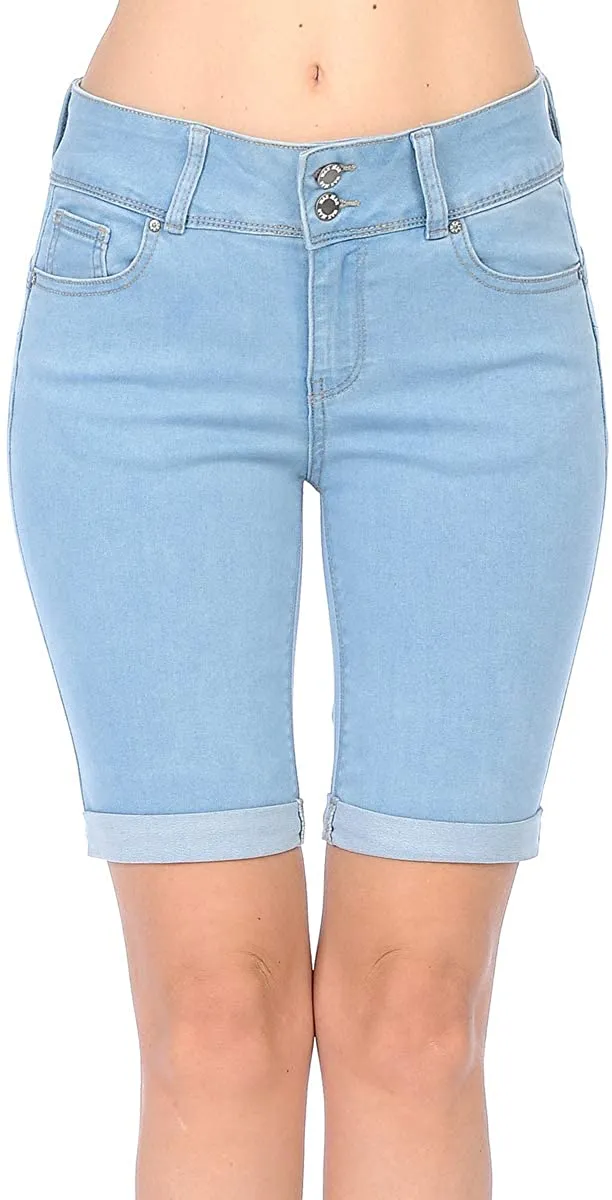 Wax Women's Butt I Love You High Rise Push-Up 2 Button Bermuda Denim Shorts