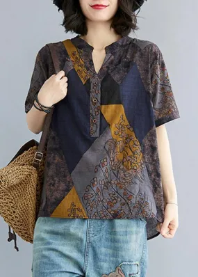 Women Blue Yellow V Neck Cotton Linen Blouse Tops Summer