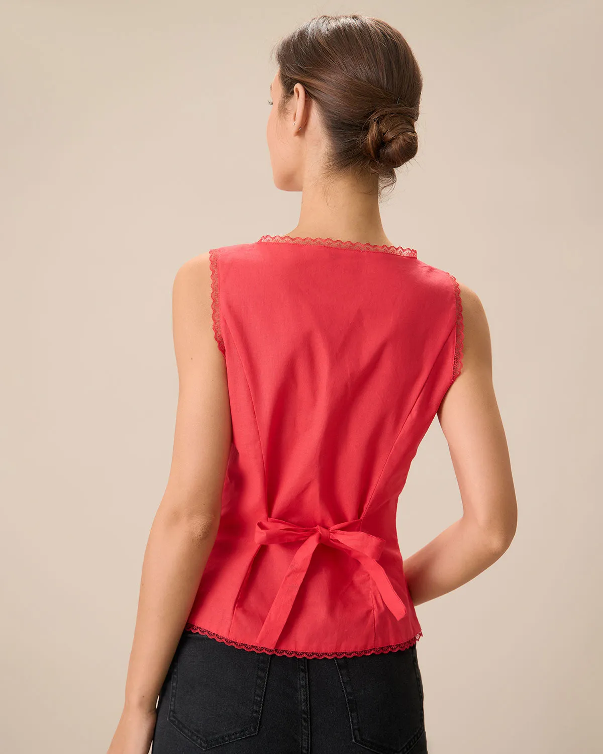 Women's Red Boat Neck Cotton Linen Vest