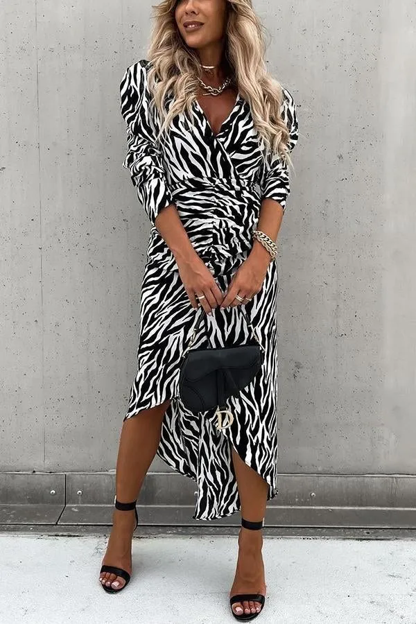 Zebra Print Ruched Puff Sleeve Dress