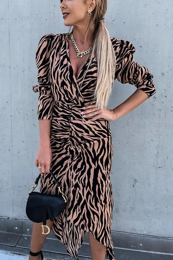 Zebra Print Ruched Puff Sleeve Dress