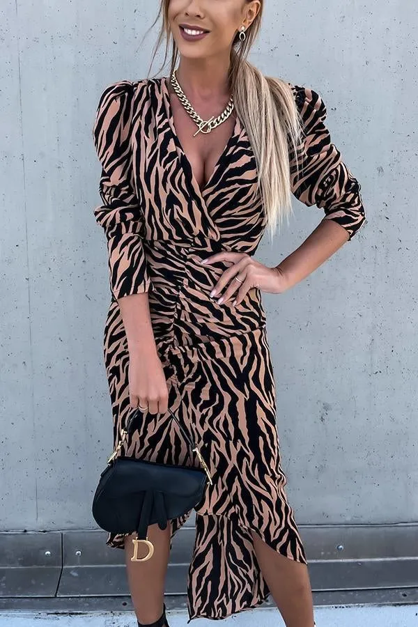 Zebra Print Ruched Puff Sleeve Dress