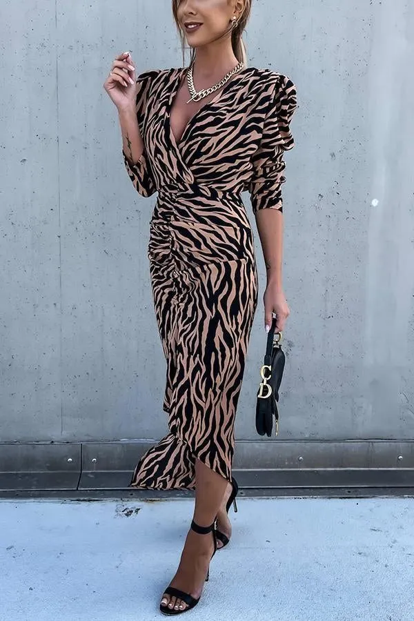 Zebra Print Ruched Puff Sleeve Dress