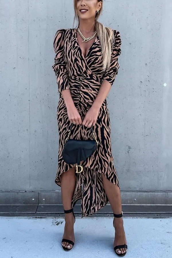 Zebra Print Ruched Puff Sleeve Dress