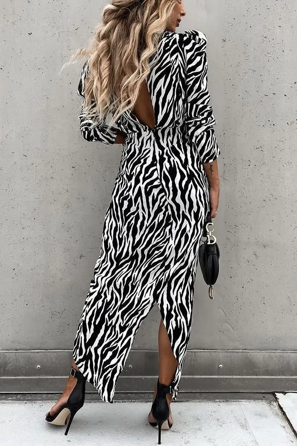 Zebra Print Ruched Puff Sleeve Dress